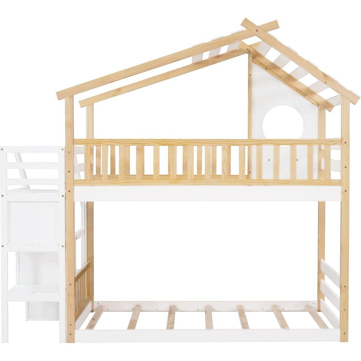 Stairway Twin-Over-Twin Bunk Bed,House Bed,Storage and Guard Rail,Natural Bed +White Stair
