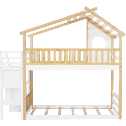 Stairway Twin-Over-Twin Bunk Bed,House Bed,Storage and Guard Rail,Natural Bed +White Stair