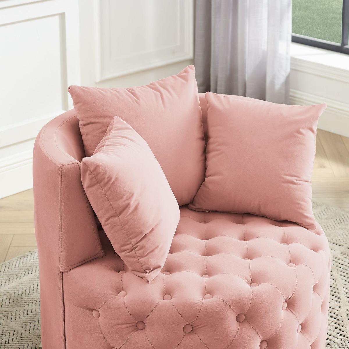 Velvet Upholstered Swivel Chair for Living Room, with Button Tufted Design and Movable Wheels, Including 3 Pillows, Pink