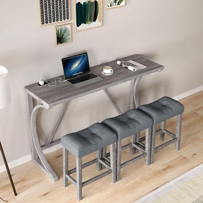 Bar Table Set with Power Outlet, Bar Table and Chairs Set, 4 Piece Dining Table Set, Industrial Breakfast Table Set, for Living Room, Dining Room, Game Room