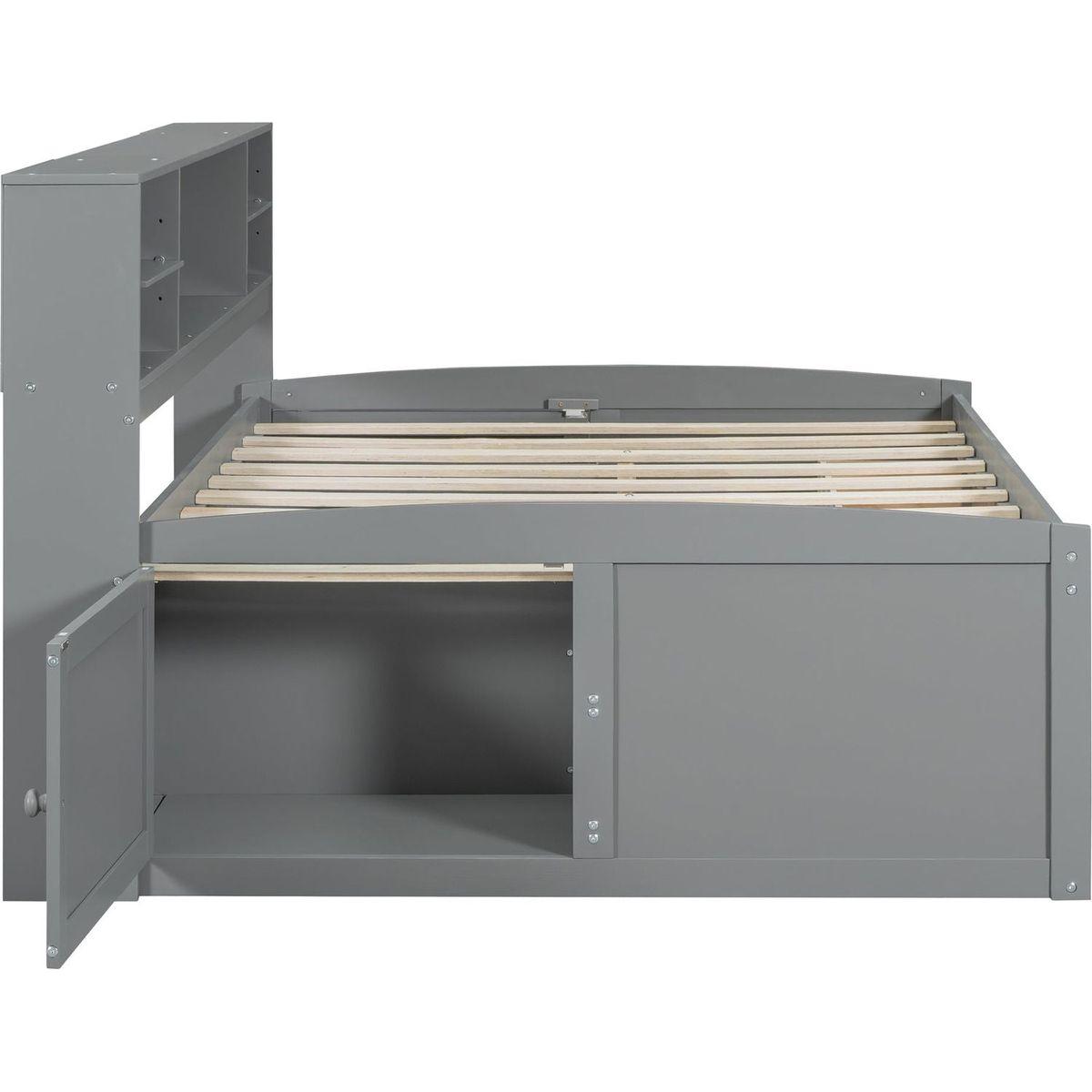 Full Size Wood Daybed with 2 Bedside Cabinets, Upper Shelves and 4 Drawers, Gray