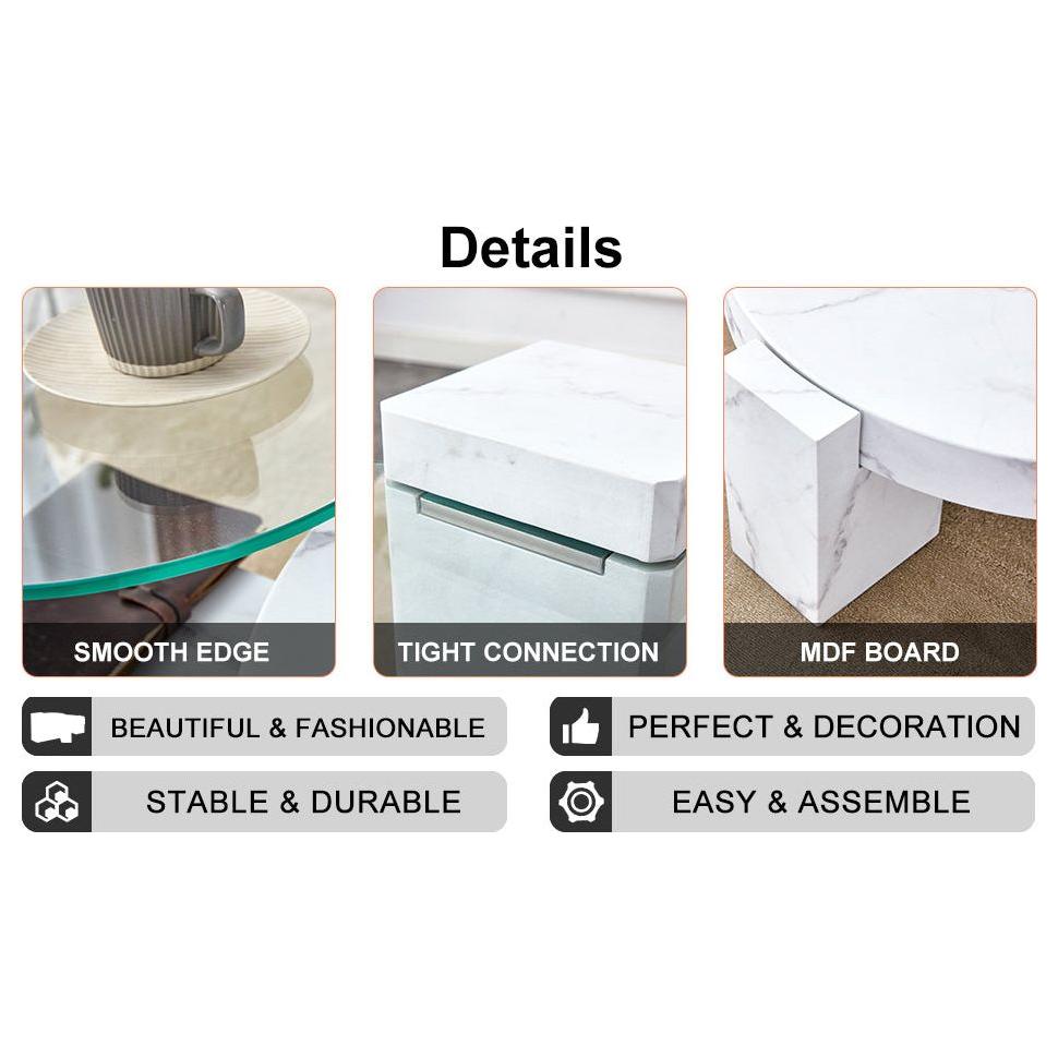 A modern, fashionable, and durable marble textured MDF coffee table with a side table. Match with multiple scenes. Suitable for living room and bedroom.