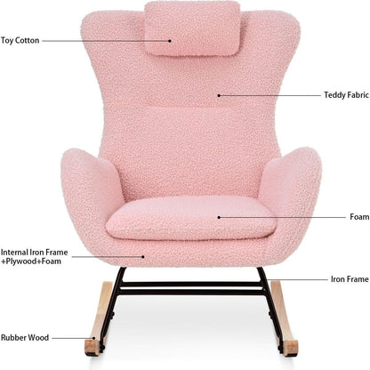 Rocking Chair Nursery, Teddy Upholstered Rocker Glider Chair with High Backrest, Adjustable Headrest & Pocket, Comfy Glider Chair for Nursery, Bedroom, Living Room, Offices, Rubber wood, pink