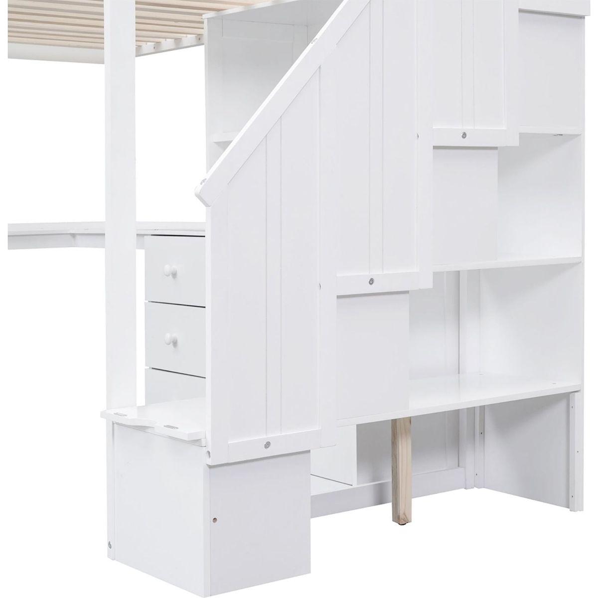 Twin Size Loft Bed with L-Shaped Desk and Drawers, Cabinet and Storage Staircase, White