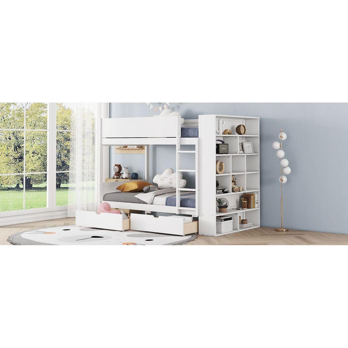 Twin over Twin Bunk Bed With 2 Drawers and Multi-layer Cabinet, White