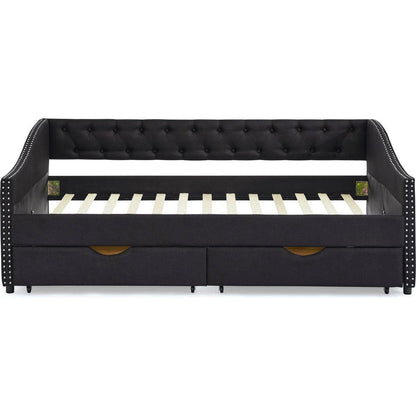 Full Size Daybed with Drawers Upholstered Tufted Sofa Bed, with Button on Back and Copper Nail on Waved Shape Arms(80.5"x55.5"x27.5")