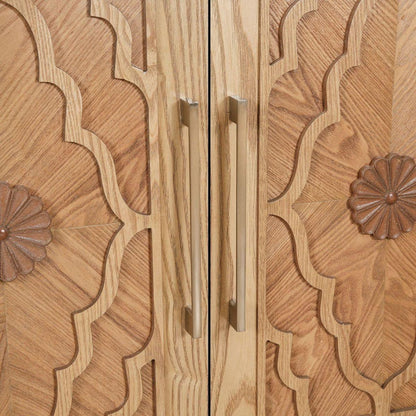 Carved Flower Door Large Storage Cabinet With Metal Handle Suitable For Living Room, Kitchen, Entryway(NATURAL WOOD) - Streamdale Furniture