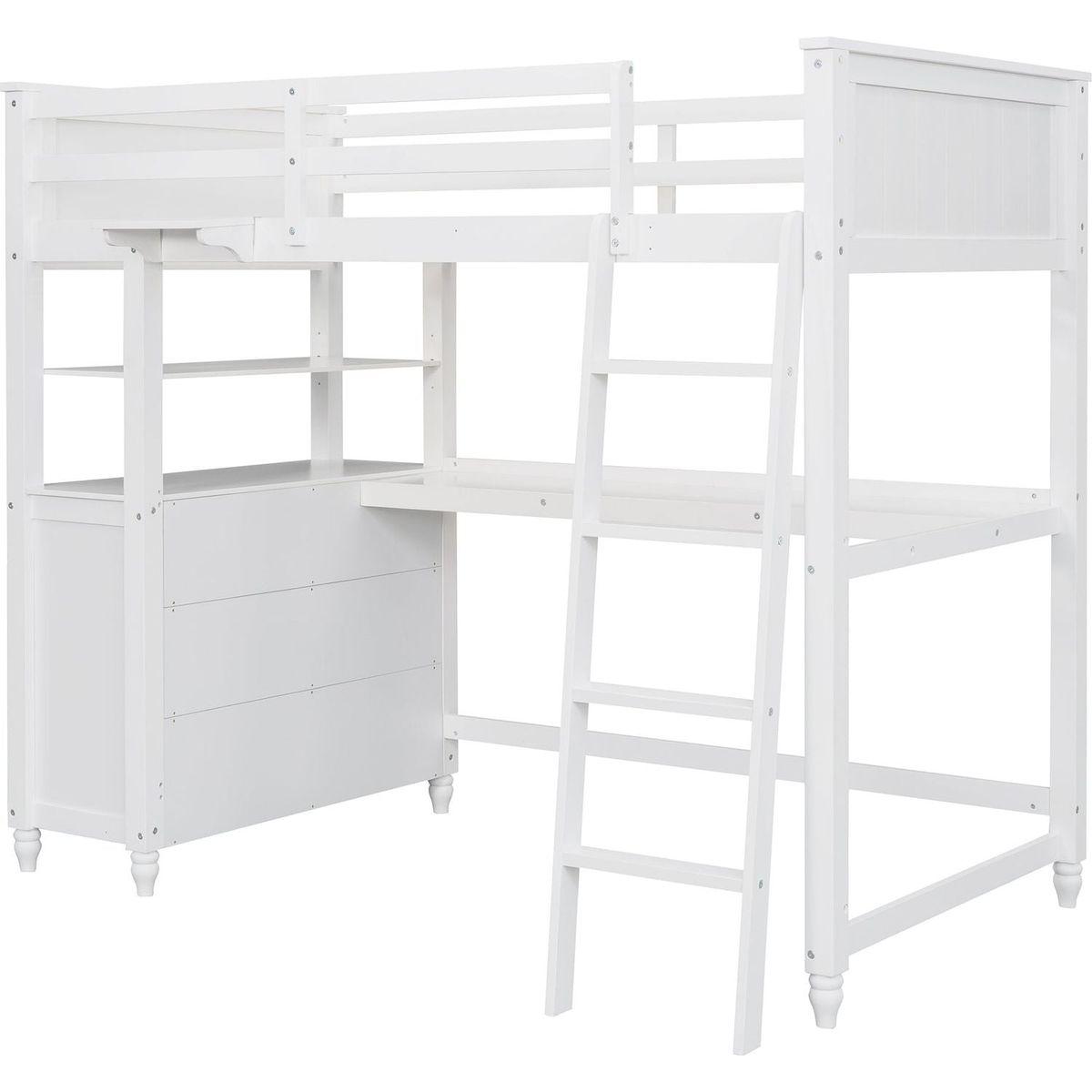 Twin size Loft Bed with Drawers and Desk, Wooden Loft Bed with Shelves - White