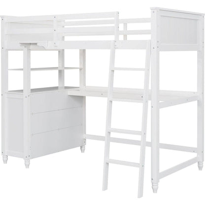 Twin size Loft Bed with Drawers and Desk, Wooden Loft Bed with Shelves - White