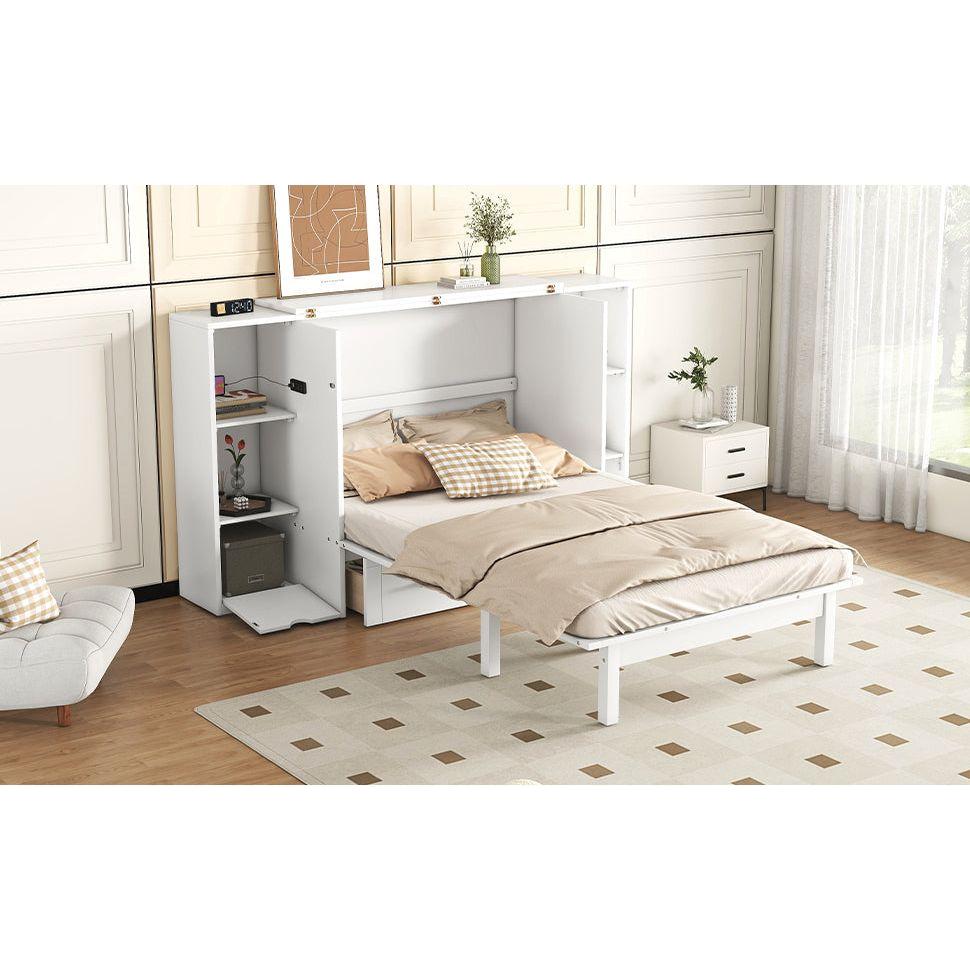 Queen Size Murphy Bed with Shelves, Drawers and USB Ports,White