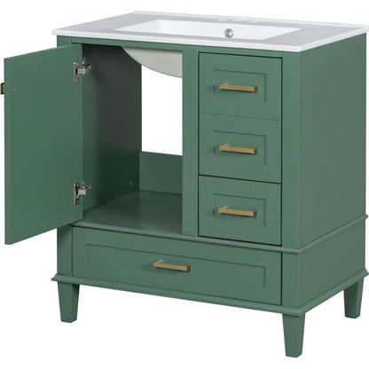 30" Bathroom Vanity in Green, Modern Bathroom Cabinet with Sink Combo Set, Bathroom Storage Cabinet with a Soft Closing Door and 3 Drawers, Solid Wood Frame