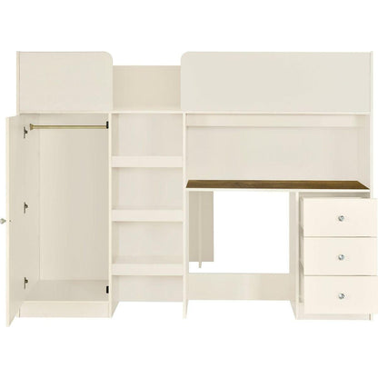 Wood Full Size Loft Bed with Built-in Wardrobe, Desk, Storage Shelves and Drawers, Beige