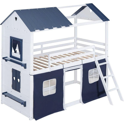 Twin Size Bunk Wood House Bed with Elegant Windows, Sills and Tent, Blue+White