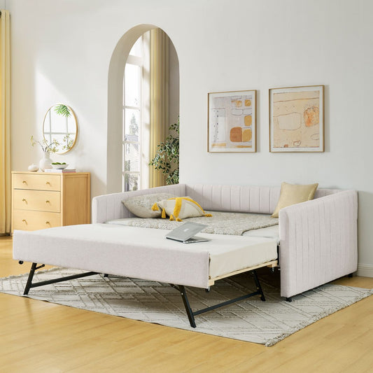 Full Size Daybed with Trundle Upholstered Sofa Bed, with Vertical Stripes, Linen Fabric, Beige (82.5'x58'x30')