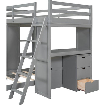 Twin over Twin Bunk Bed with LED Light and USB Ports, Gray