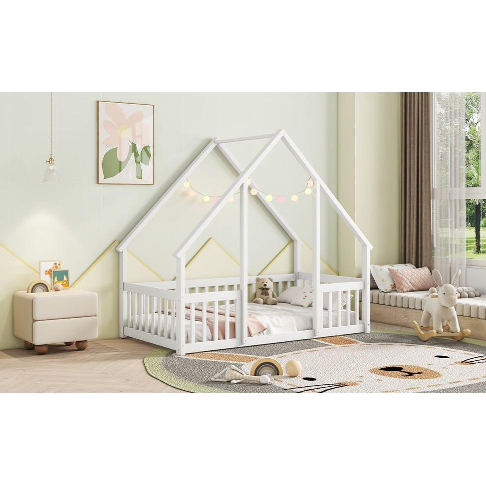 Twin Wood House-Shaped Floor Bed with Fence, Guardrails, White