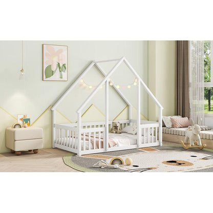 Twin Wood House-Shaped Floor Bed with Fence, Guardrails, White