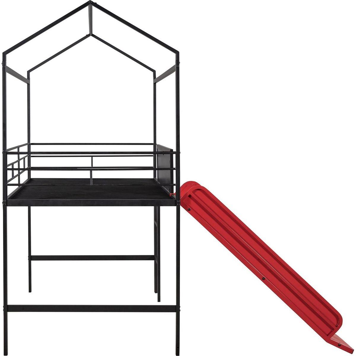 Metal House Bed With Slide, Twin Size Metal Loft Bed with Two-sided writable Wooden Board (Black and Red)