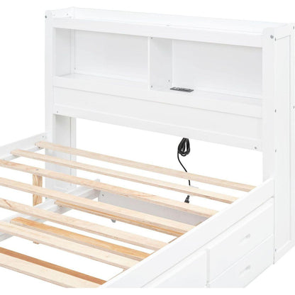 Full Size platform bed with trundle, drawers and USB plugs, White