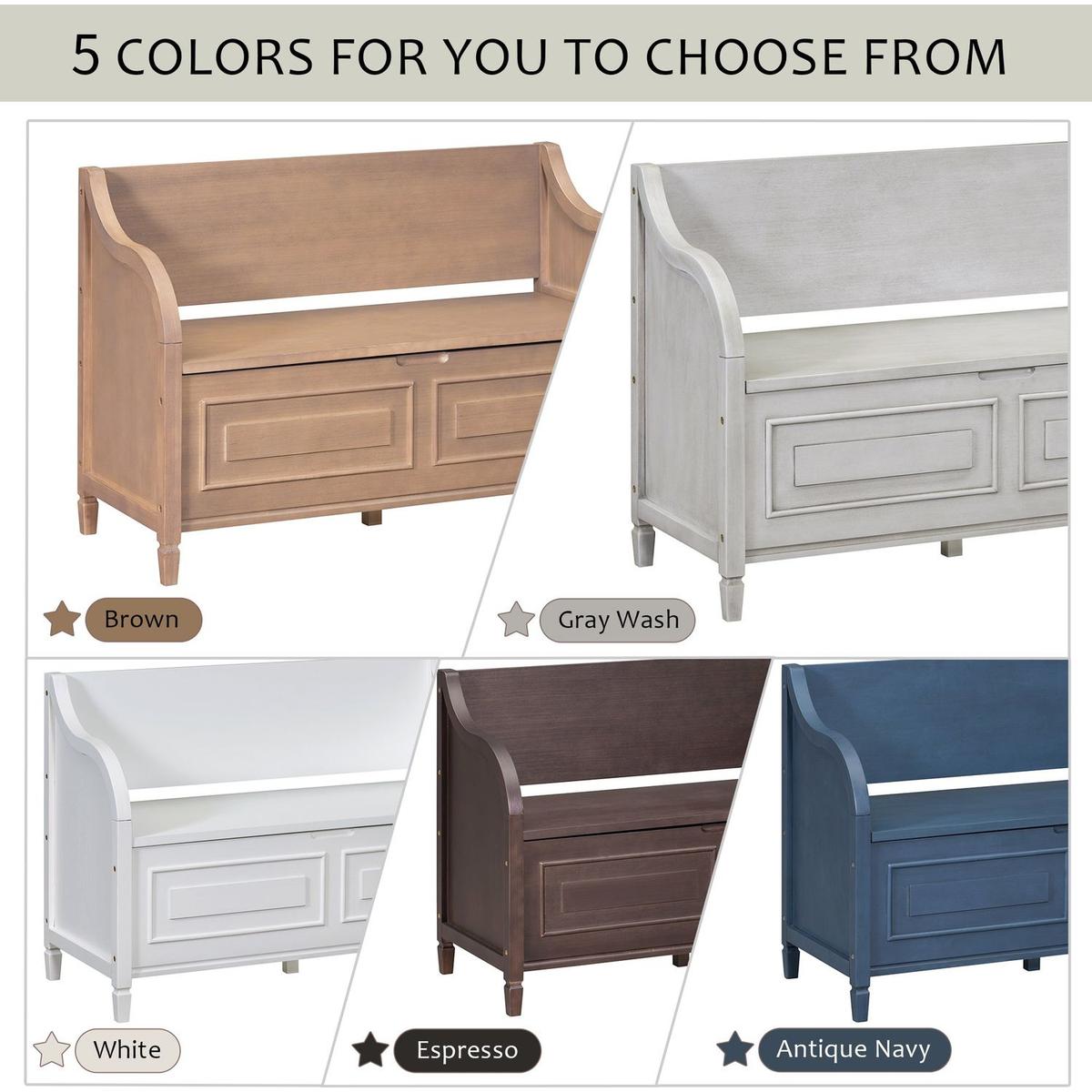 Rustic Style Solid wood Entryway Multifunctional Storage Bench with Safety Hinge (Gray Wash+ Beige)