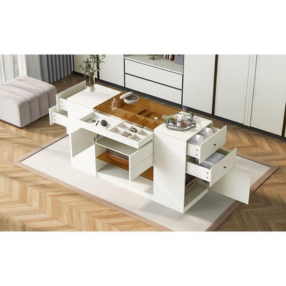 Modern Luxury Multi-Functional Island Vanity Dresser and Storage Cabinet with Glass Tabletop, Display Shelf,6 Drawers for Walk-in-Wardrobe and Bedroom