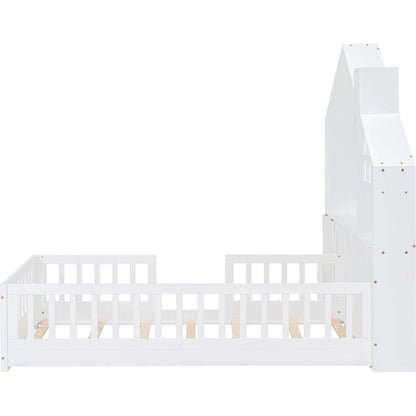 Twin Size House Bed with Window and Bedside Drawers, Platform Bed with Shelves and a set of Sockets and USB Port, White