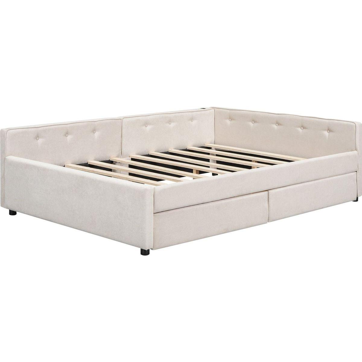 Full Size Upholstered Platform Bed with USB and 2 Drawers, Beige