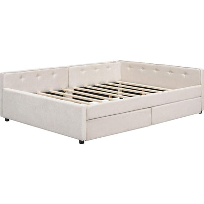 Full Size Upholstered Platform Bed with USB and 2 Drawers, Beige