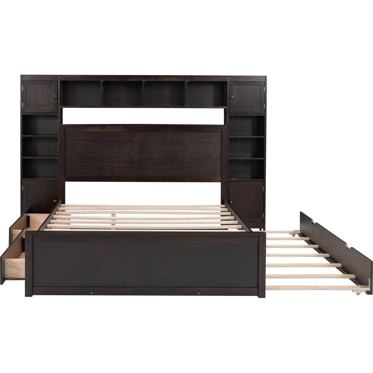 Queen Size Wooden Bed With All-in-One Cabinet, Shelf and Sockets, Espresso