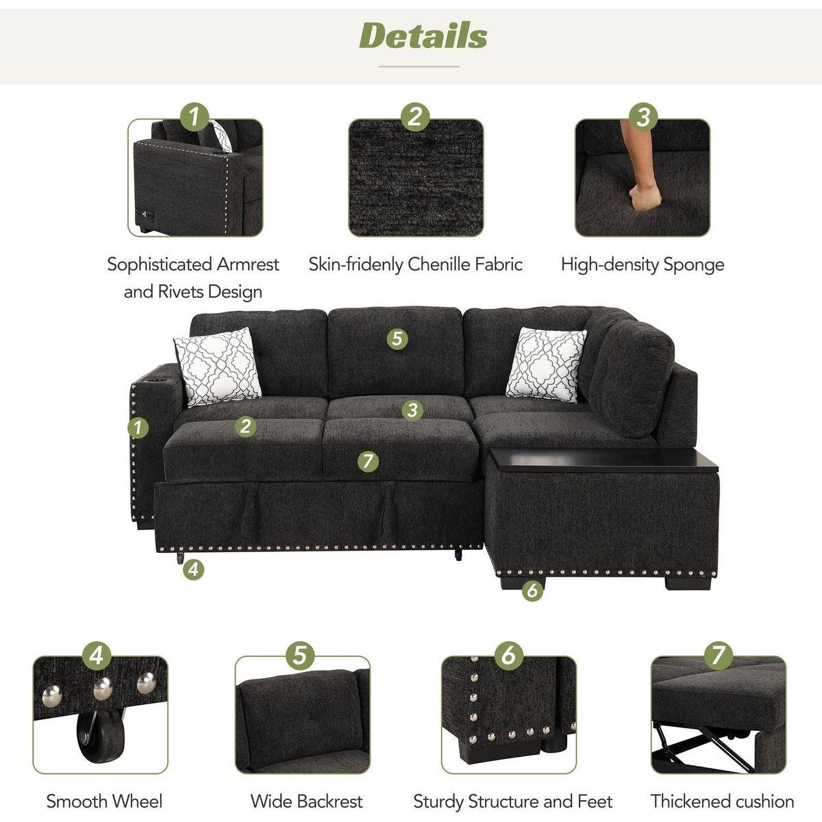 83.8" Reversible Sectional Pull-Out Sofa Bed L-Shaped Corner Sofa Couch with Storage Chaise, USB Ports, Power Sockets, Cup Holder for Living Room, Bedroom, Study, Black