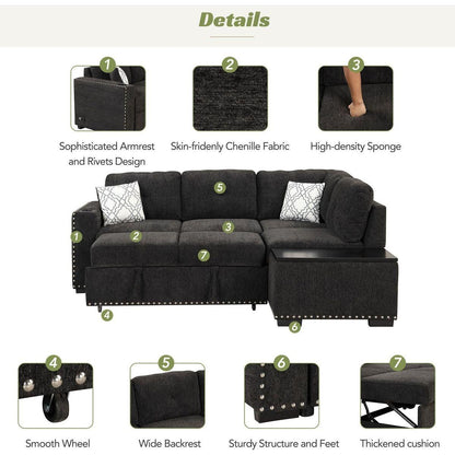 83.8" Reversible Sectional Pull-Out Sofa Bed L-Shaped Corner Sofa Couch with Storage Chaise, USB Ports, Power Sockets, Cup Holder for Living Room, Bedroom, Study, Black