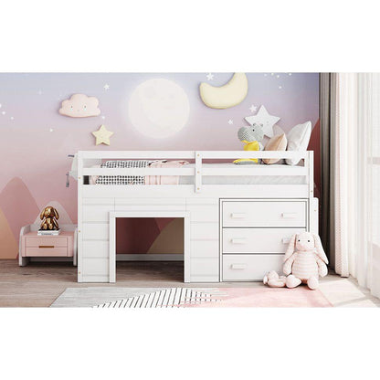 Twin Size Loft Bed with Cabinet and Shelf - White