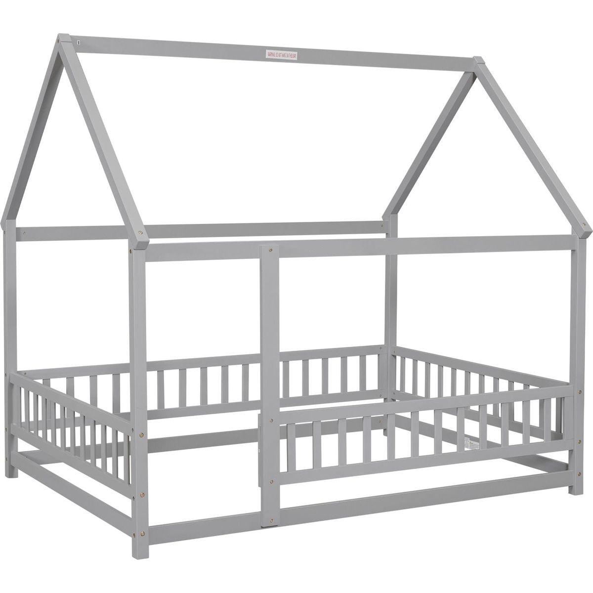 Full Size Floor Wooden Bed with House Roof Frame, Fence Guardrails, Grey