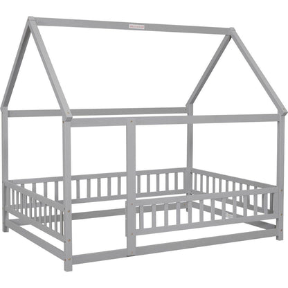 Full Size Floor Wooden Bed with House Roof Frame, Fence Guardrails, Grey