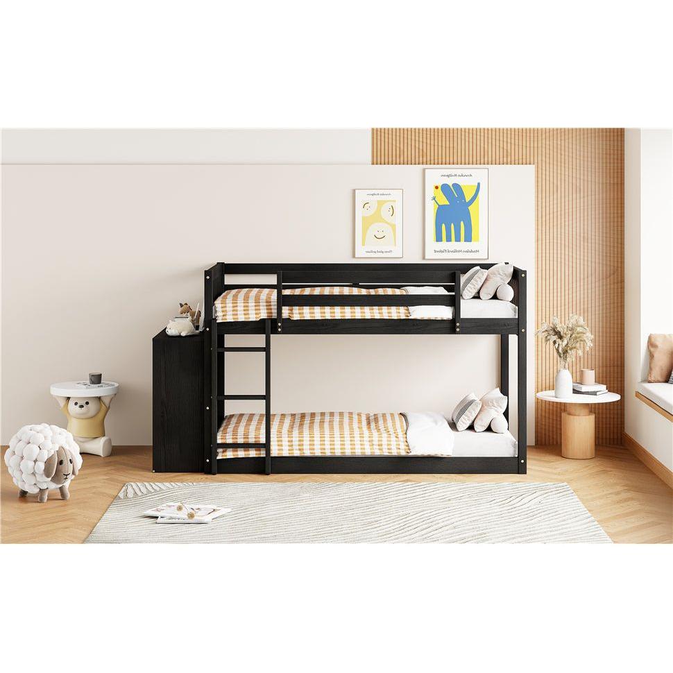 Twin over Twin Bunk Bed with 4 Drawers and 3 Shelves-Espresso