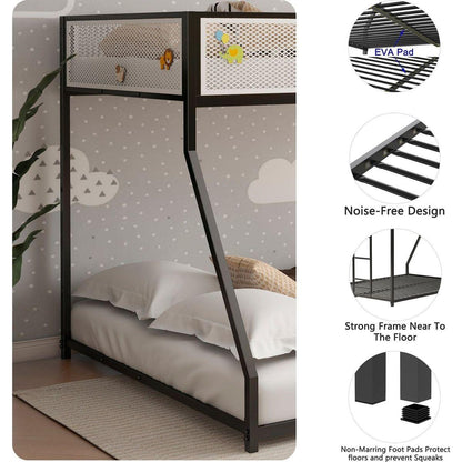 Adam Twin Full Bunk Black with White Mesh Guard Rail for Kids and Adult, Low Profile and Easy Climbing with Stable Ladder