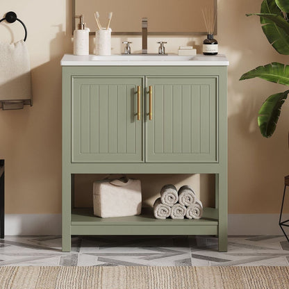 30-Inch Green Bathroom Vanity with Ceramic Sink and Versatile Storage - Ideal for Small Bathrooms