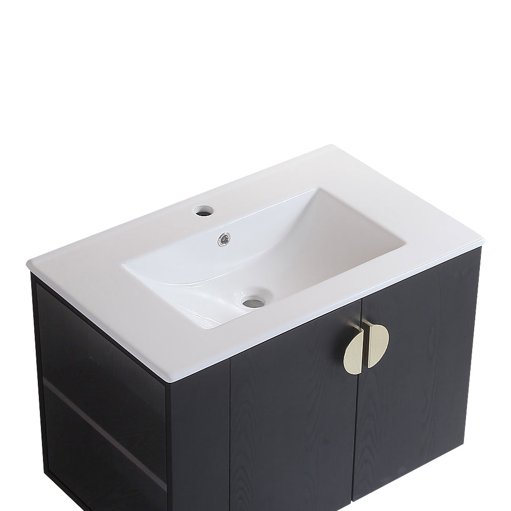 30" Bathroom Vanity with Sink,with two Doors Cabinet Bathroom Vanity Set with Side left Open Storage Shelf,Solid Wood,Excluding faucets,Black