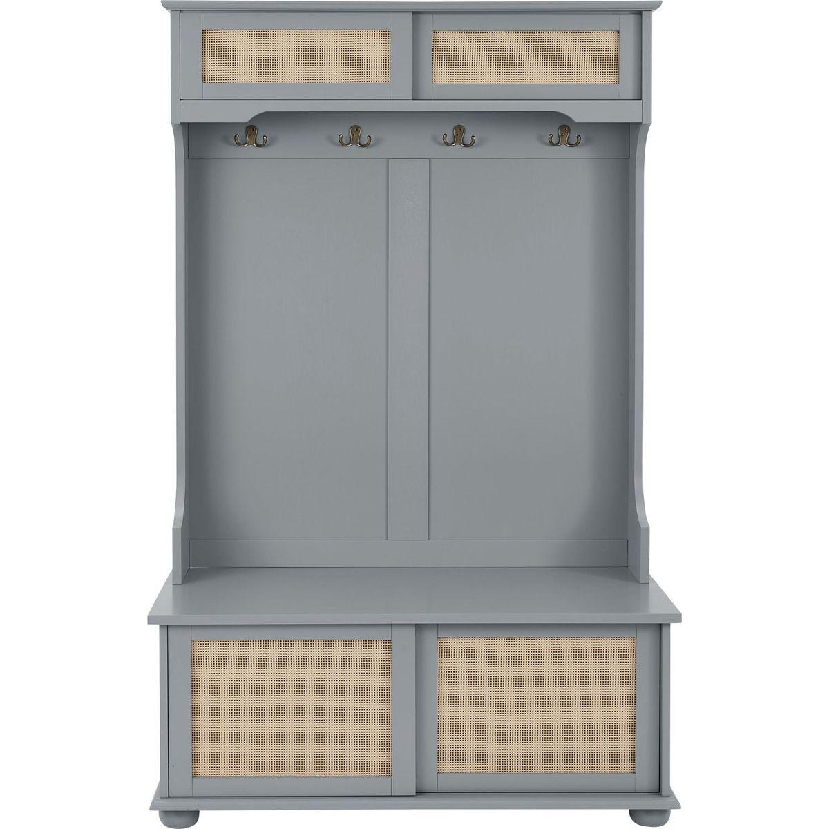 Casual Style Hall Tree Entryway Bench with Rattan Door Shelves and Shoe Cabinets, SOLID WOOD Feet, Gray, 40.16"Wx18.58"Dx64.17"H