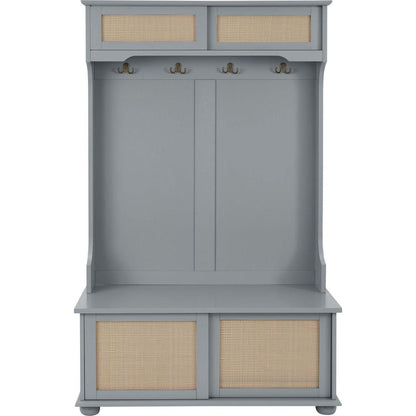 Casual Style Hall Tree Entryway Bench with Rattan Door Shelves and Shoe Cabinets, SOLID WOOD Feet, Gray, 40.16"Wx18.58"Dx64.17"H