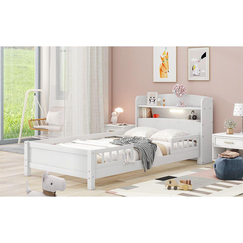 Wood Twin Size Platform Bed with Built-in LED Light, Storage Headboard and Guardrail, White