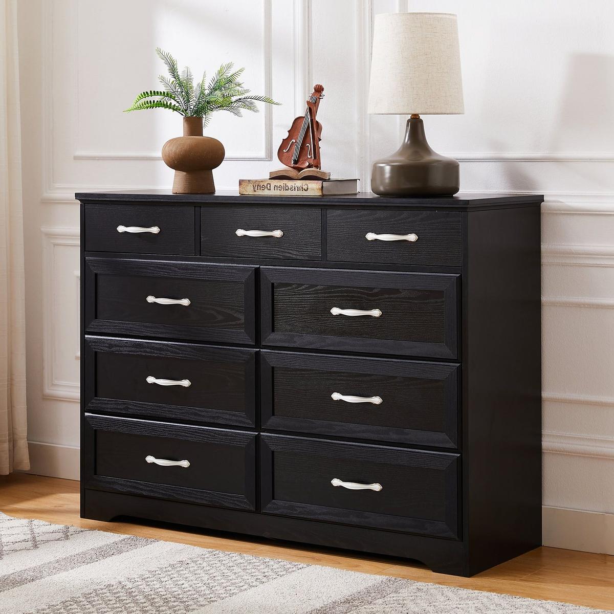 Bedroom dresser, 9 drawer long dresser with antique handles, wood chest of drawers for kids room, living room, entry and hallway, Black, 47.56"W x 15.75"D x 34.45"H.