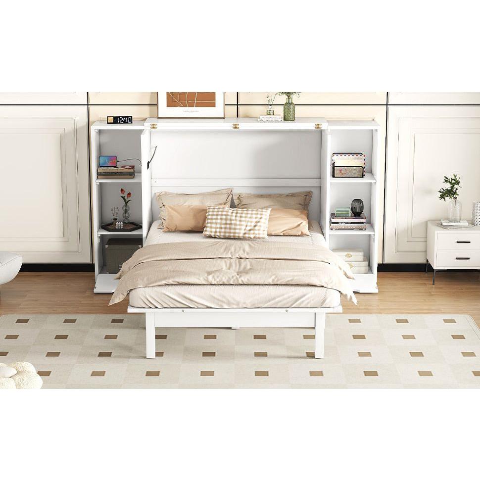 Queen Size Murphy Bed with Shelves, Drawers and USB Ports,White