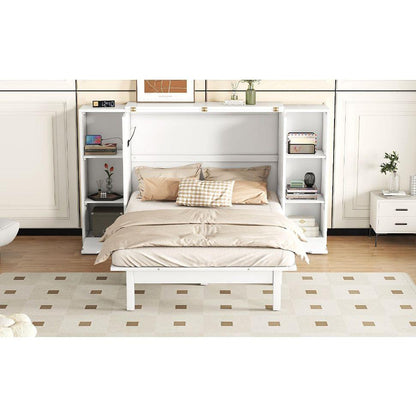 Queen Size Murphy Bed with Shelves, Drawers and USB Ports,White
