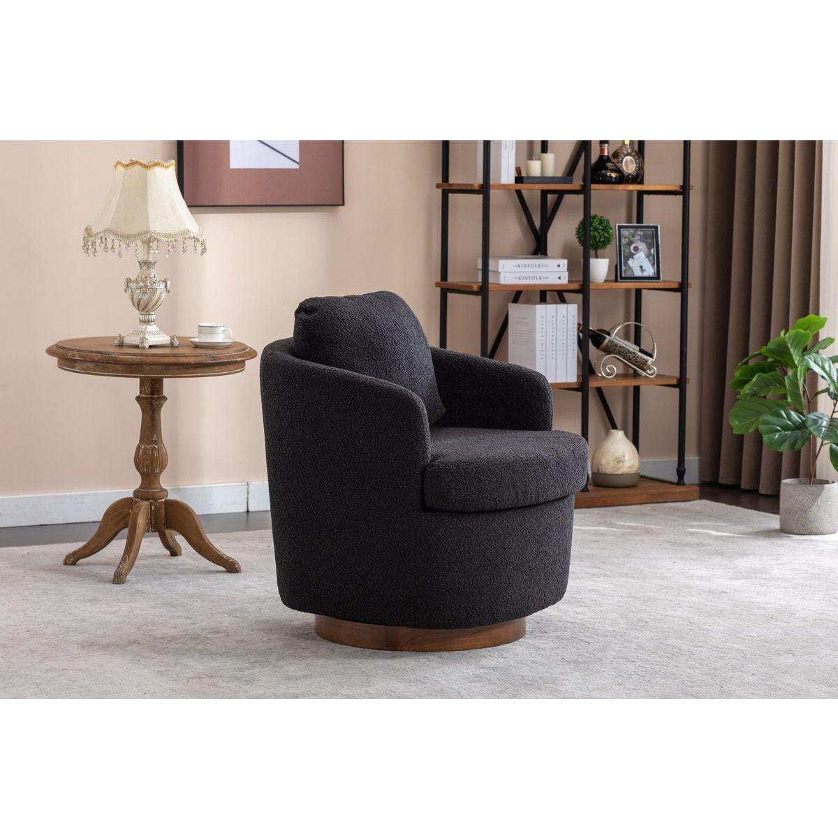 Boucle Fabric Swivel Accent Chair With Soild Wood Round Brown Base Leg,Black