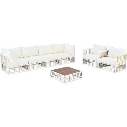 Modern Minimalist 7-Piece Metal Patio Sectional Sofa Set, All-Weather Garden Conversational Furniture Set with Thick Cushions and Coffee Table for Indoor Outdoor, White