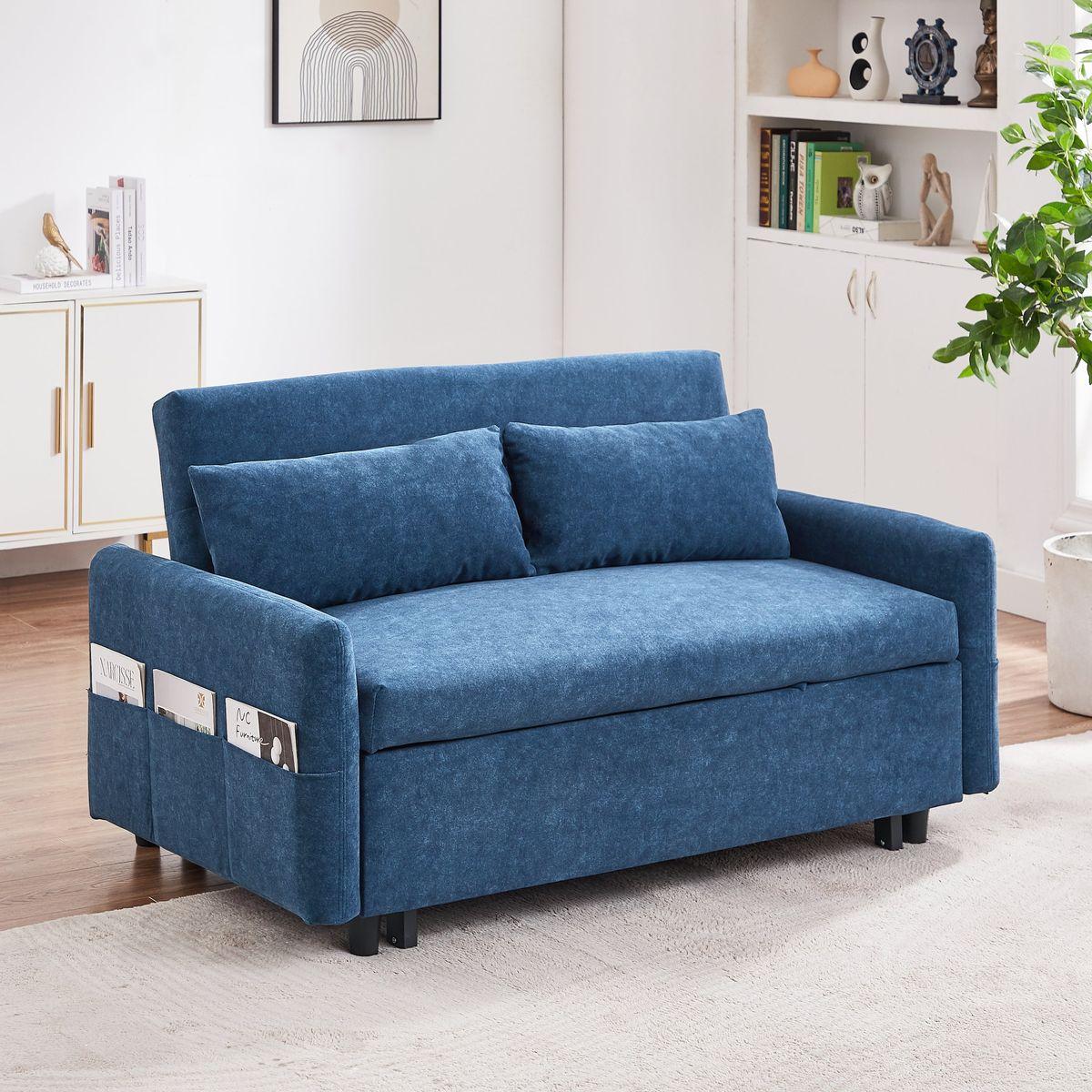 55.1' Pull Out Sleep Sofa Bed Loveseats Sofa Couch with Adjsutable Backrest, Storage Pockets, 2 Soft Pillows, USB Ports for Living Room, Bedroom, Apartment, Office, Blue (Old SKU: WF315689AAC)