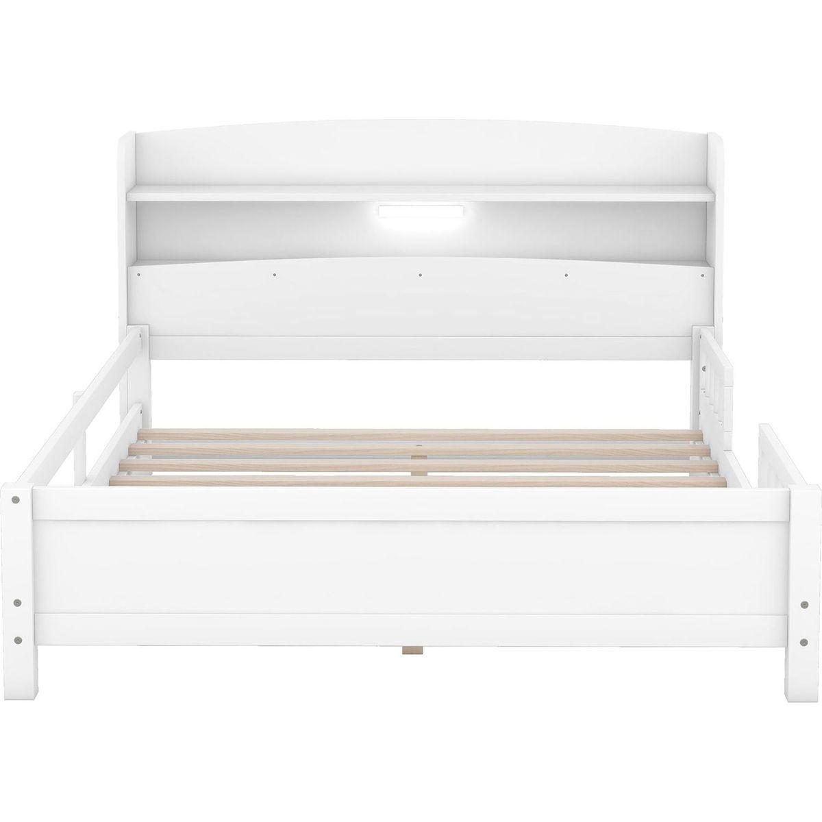 Wood Full Size Platform Bed with Built-in LED Light, Storage Headboard and Guardrail, White