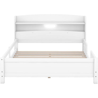 Wood Full Size Platform Bed with Built-in LED Light, Storage Headboard and Guardrail, White