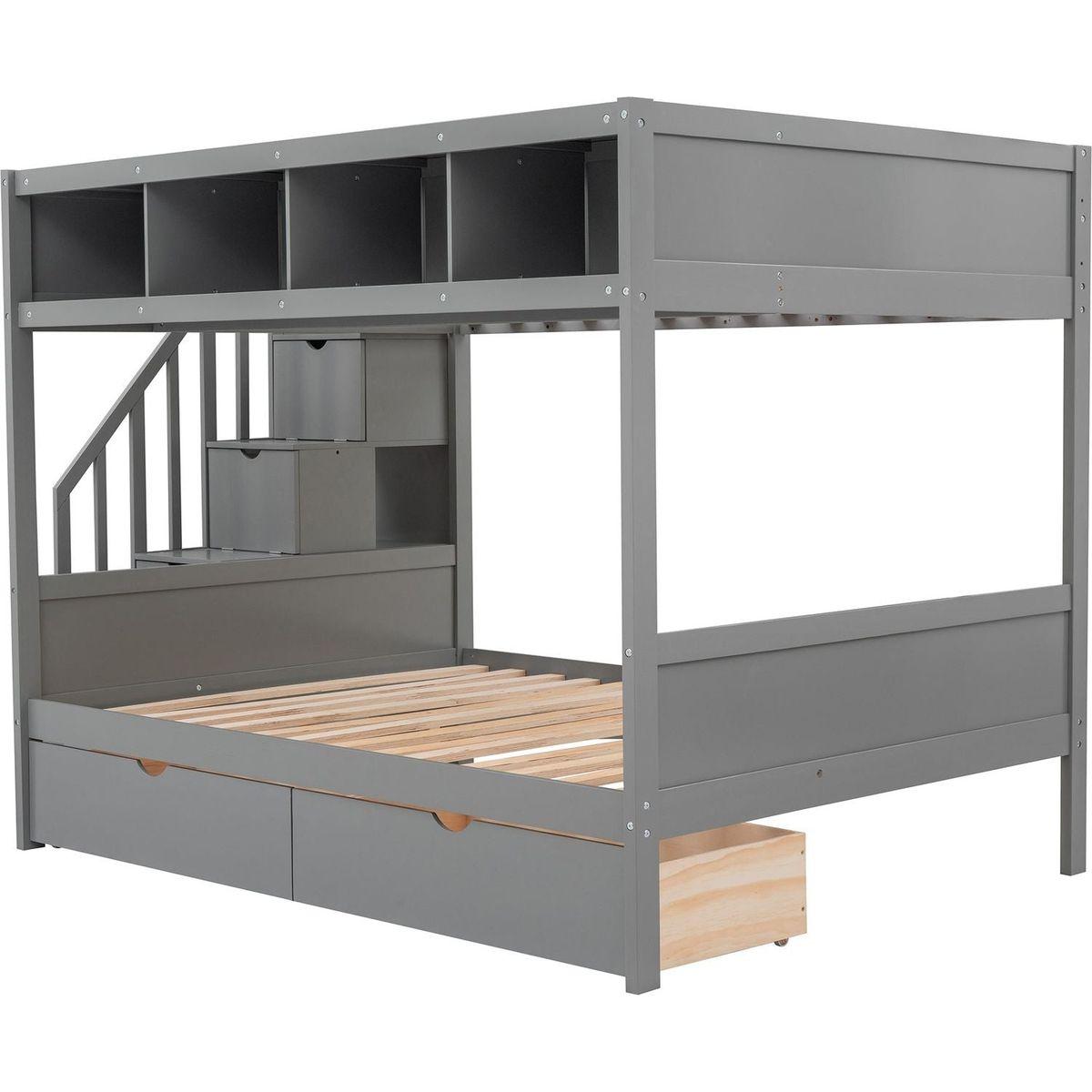 Twin over Full Bunk Bed with Shelfs, Storage Staircase and 2 Drawers, Gray
